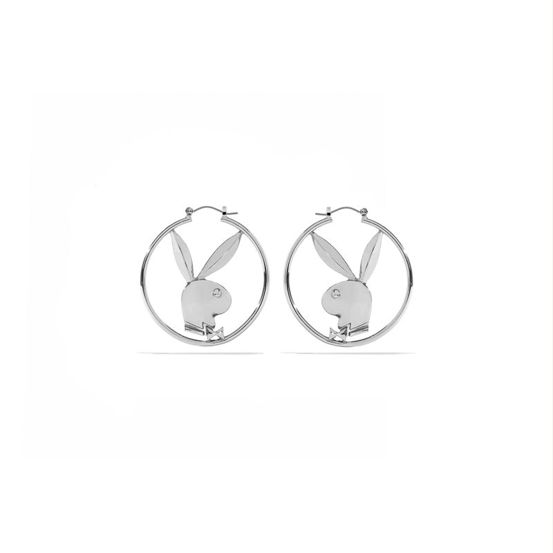 Bijoux Playboy Rabbit Head Hoop Earrings Femme Argent | HSYPBNR-13