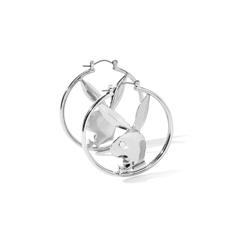 Bijoux Playboy Rabbit Head Hoop Earrings Femme Argent | HSYPBNR-13