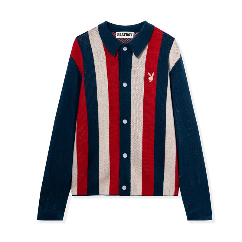 Chandails Playboy Striped Button Cardigan Homme Bleu Marine Rouge | MKZLQCH-73