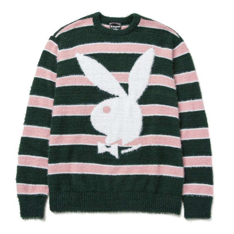 Chandails Playboy X Huf Faux Mohair Striped Homme Noir Rose Blanche | QCPAFLV-70