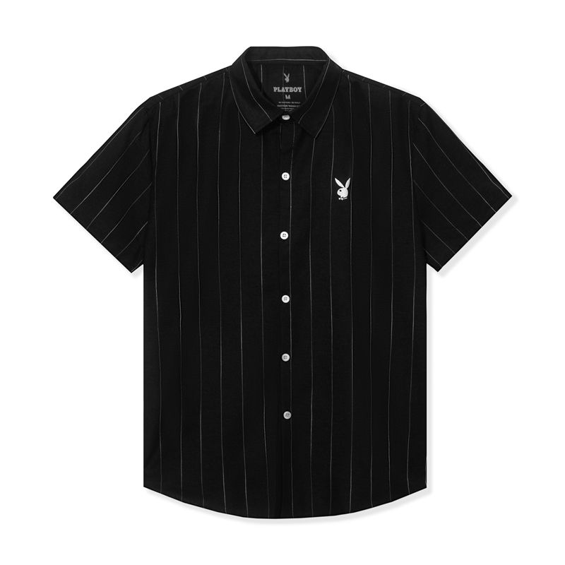 Chemises Playboy Striped Button Down Camp Homme Noir | SGJLUYE-06