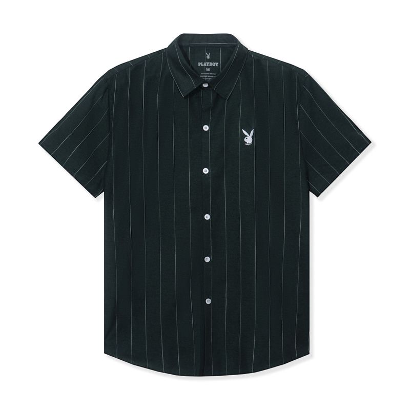 Chemises Playboy Striped Button Down Camp Homme Noir | SGJLUYE-06