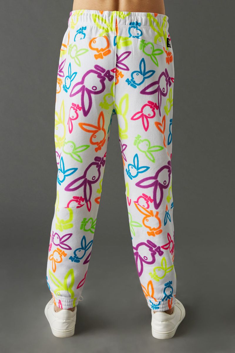 Jogging Playboy Neon Bunny Print Jogger Homme Blanche | GJKLPCQ-43