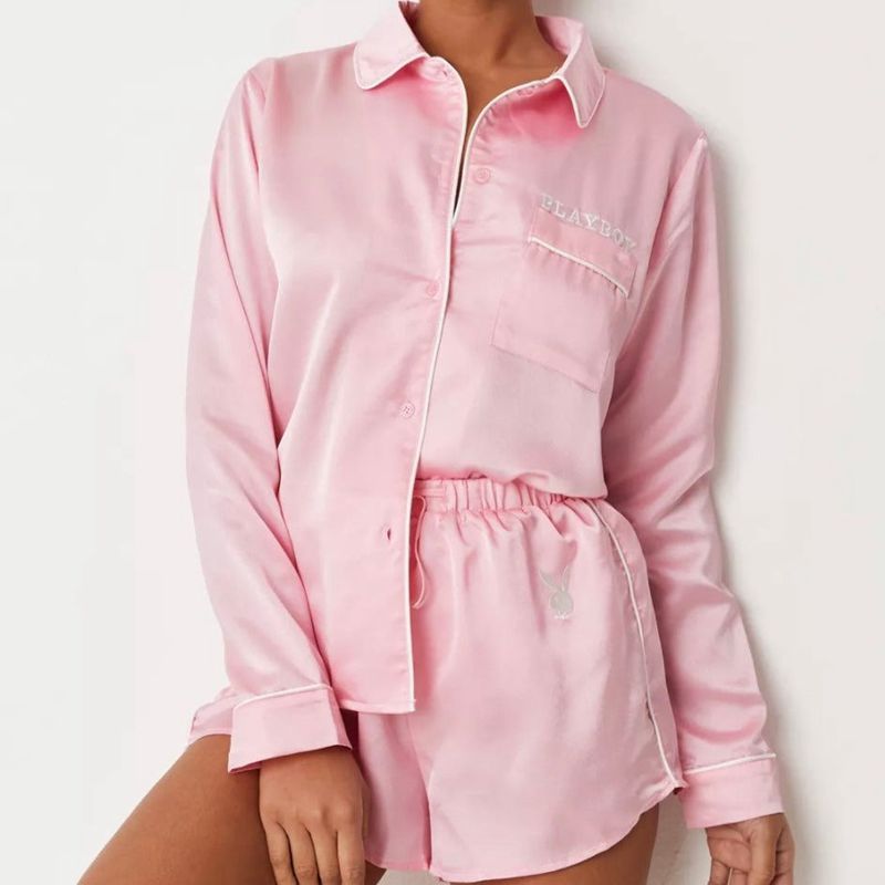 Loungewear Playboy Satin Pajama Set Femme Rose | SKXUBQA-96