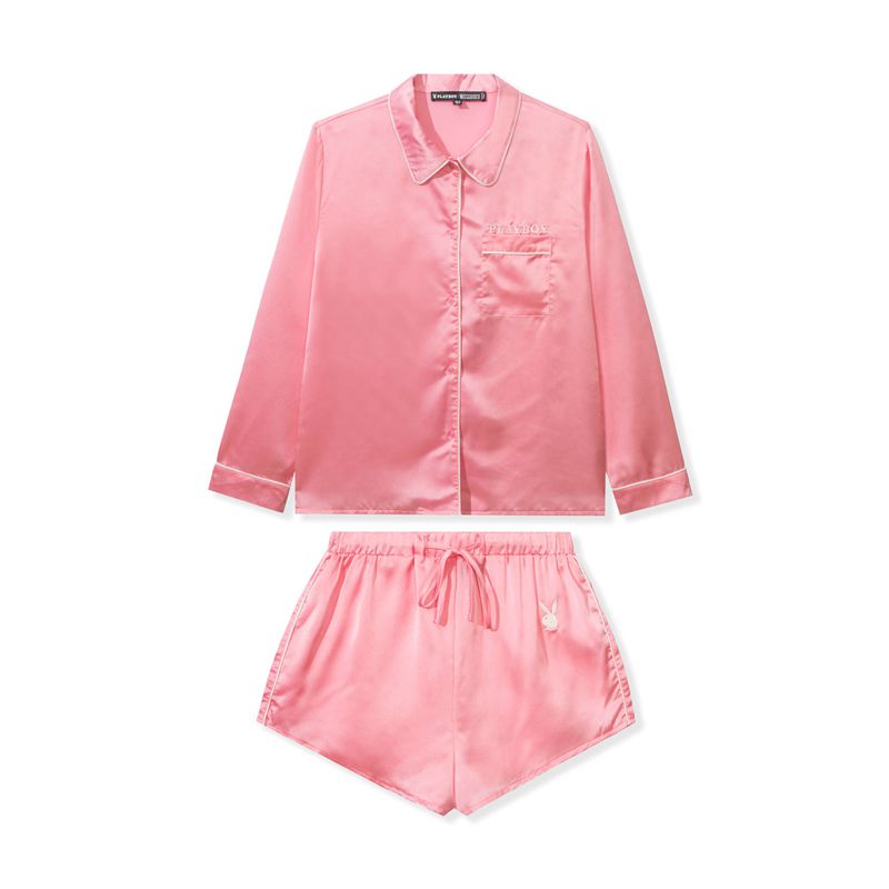 Loungewear Playboy Satin Pajama Set Femme Rose | SKXUBQA-96