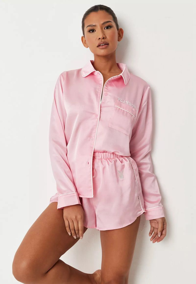 Loungewear Playboy Satin Pajama Set Femme Rose | SKXUBQA-96