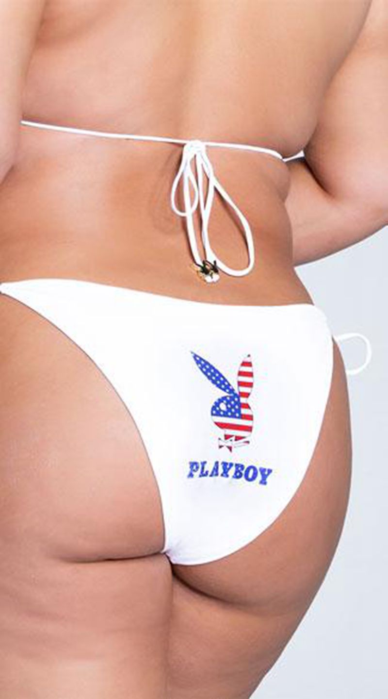 Maillots De Bain Playboy American Flag Rabbit Head String Bikini Femme Blanche | RBDQWNF-69