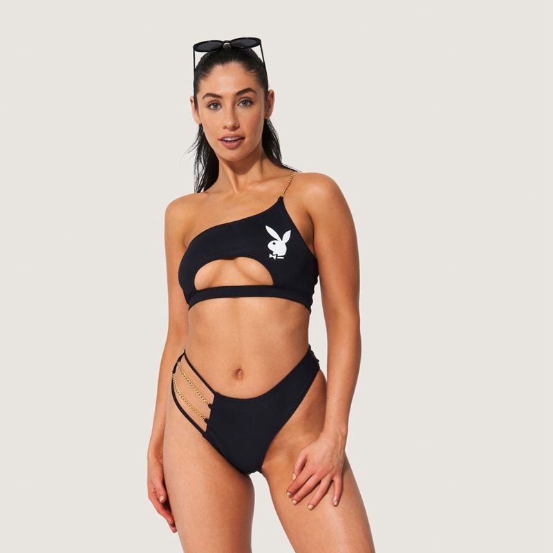 Maillots De Bain Playboy One Shoulder Cut Out Chain Bikini Femme Noir | WUOKYEC-85