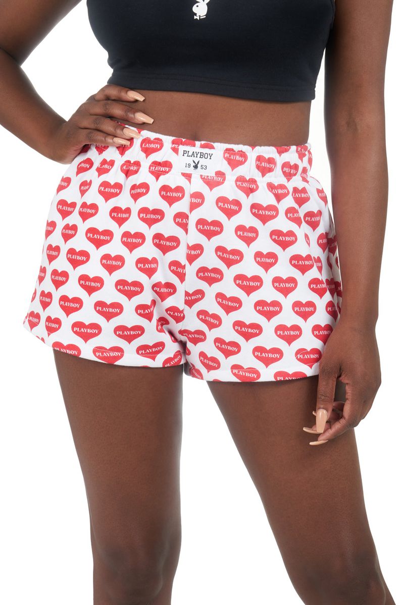 Shorts Playboy Heart Lounge Boxers Femme Rouge Blanche | ZDMRTYG-47