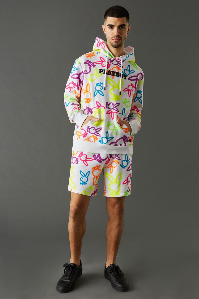 Shorts Playboy Neon Bunny Print Homme Blanche | FPXLROJ-51