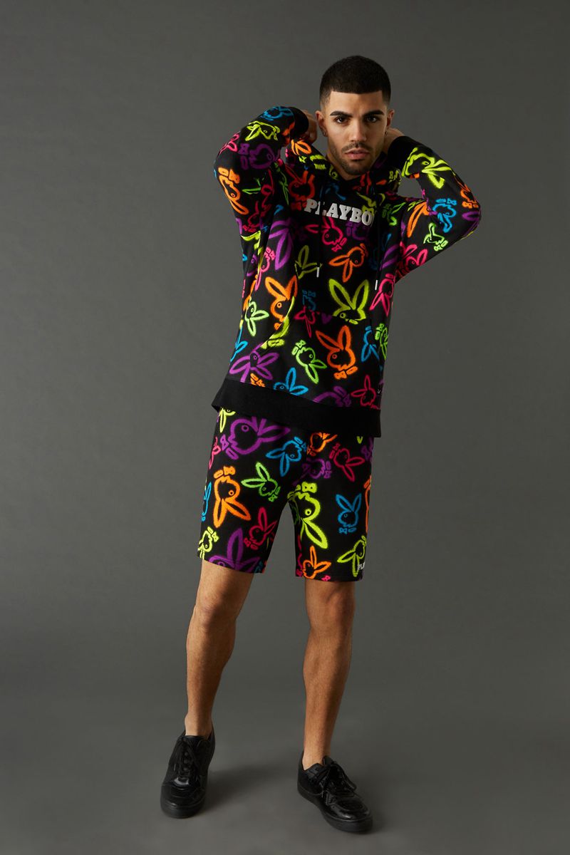 Shorts Playboy Neon Bunny Print Homme Blanche | FPXLROJ-51