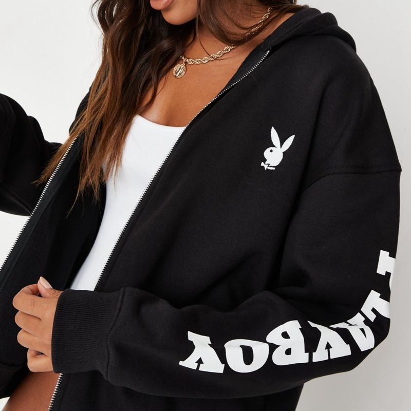 Sweat À Capuche Playboy Active Zip Through Femme Noir | WFDEHAJ-02