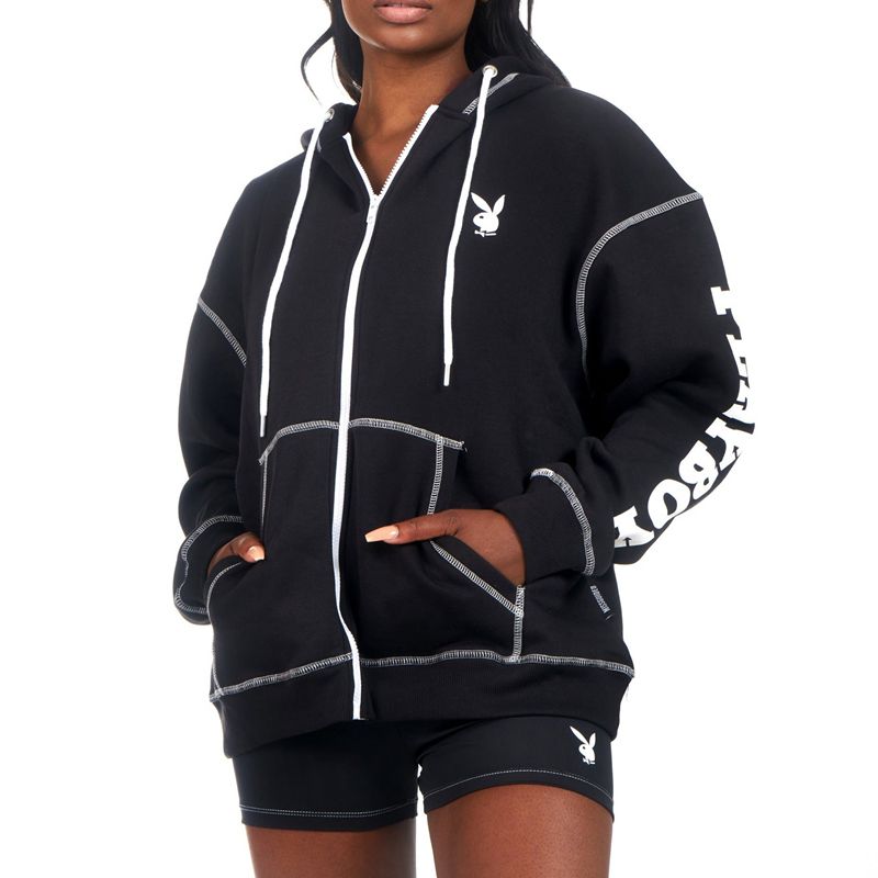 Sweat À Capuche Playboy Active Zip Through Femme Noir | WFDEHAJ-02