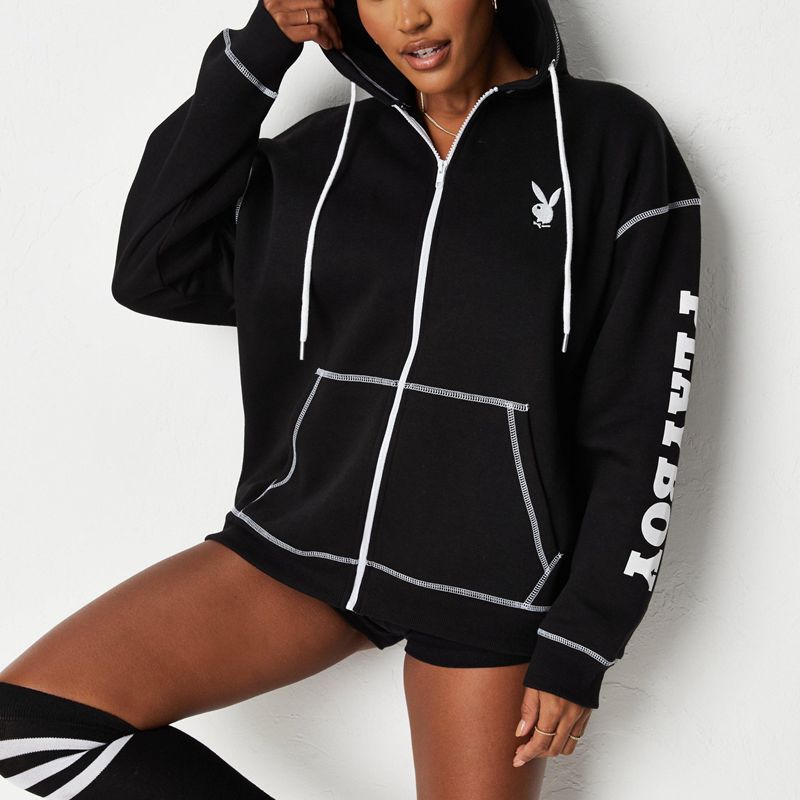 Sweat À Capuche Playboy Active Zip Through Femme Noir | WFDEHAJ-02