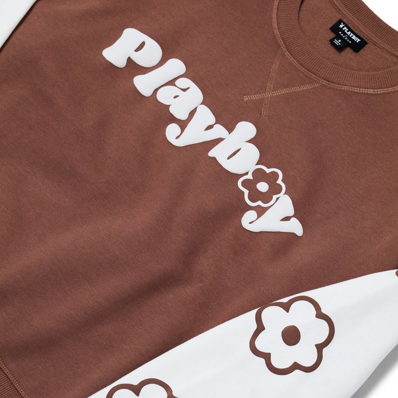 Sweat À Capuche Playboy Contrast Camp Crew Neck Femme Marron | PYWABHM-15