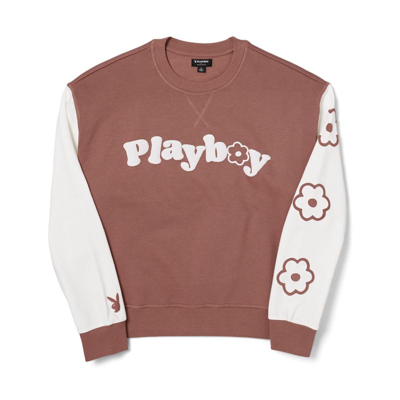 Sweat À Capuche Playboy Contrast Camp Crew Neck Femme Marron | PYWABHM-15