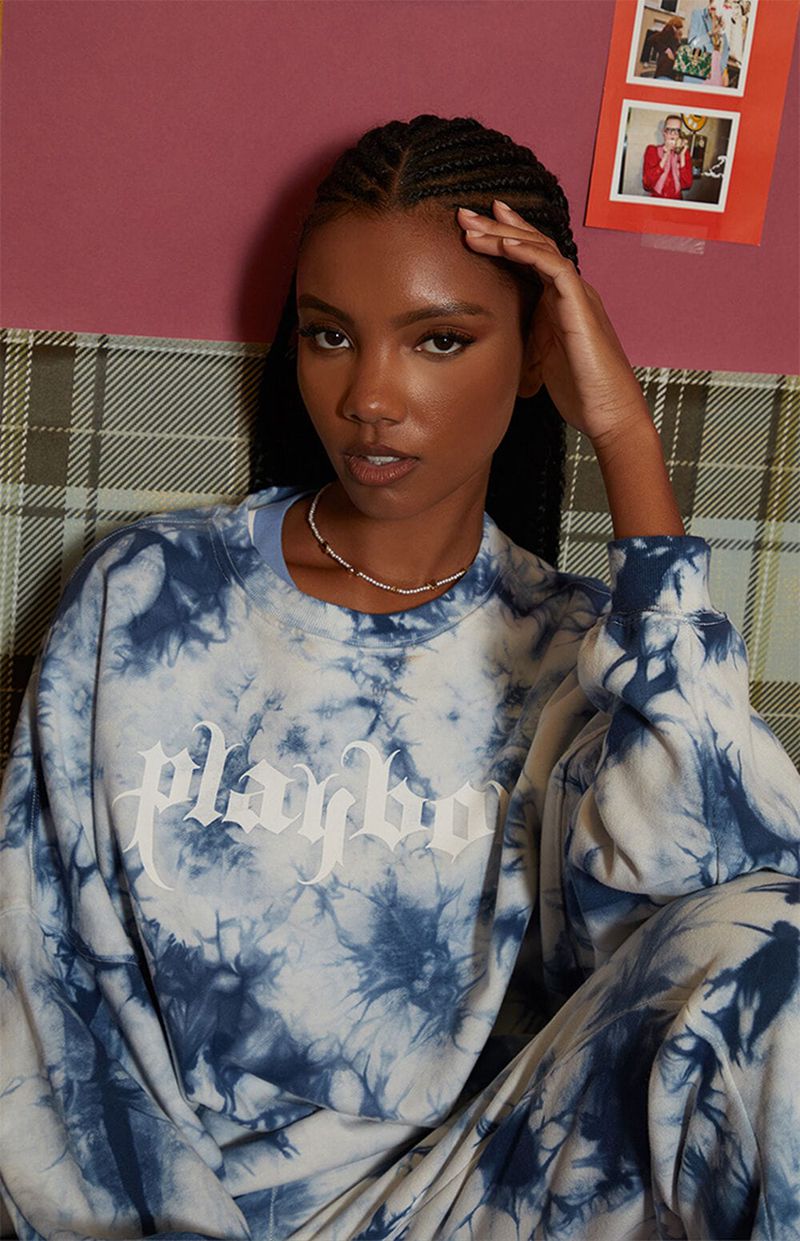 Sweat À Capuche Playboy Crystal Tie-Dye Crewneck Femme Bleu | RLYNMPT-86