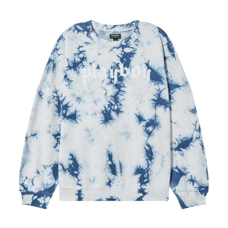 Sweat À Capuche Playboy Crystal Tie-Dye Crewneck Femme Bleu | RLYNMPT-86