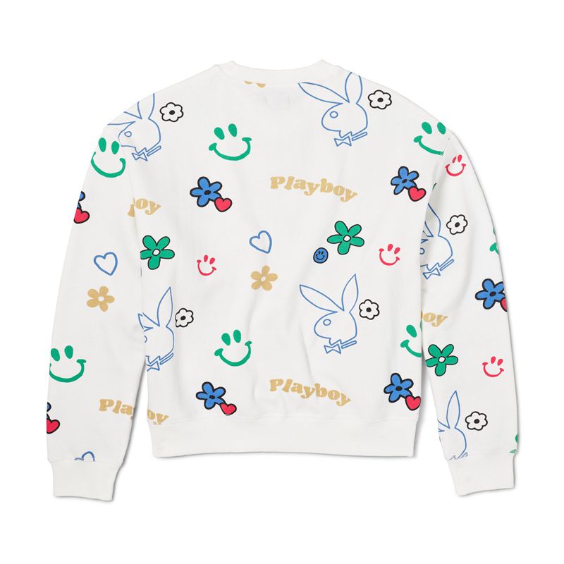 Sweat À Capuche Playboy Doodle Crew Neck Femme Blanche Multicolore | XYUHCJN-08