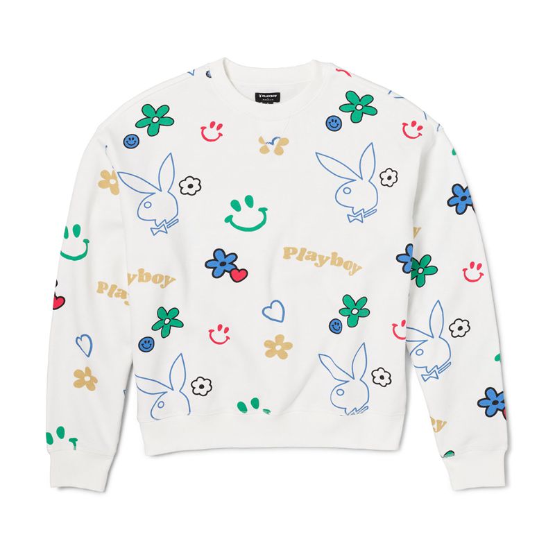 Sweat À Capuche Playboy Doodle Crew Neck Femme Blanche Multicolore | XYUHCJN-08