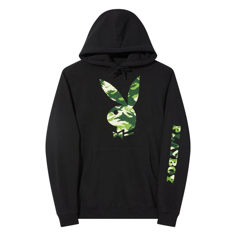 Sweat À Capuche Playboy Hare Green Camo Homme Noir | BFSXNKO-73