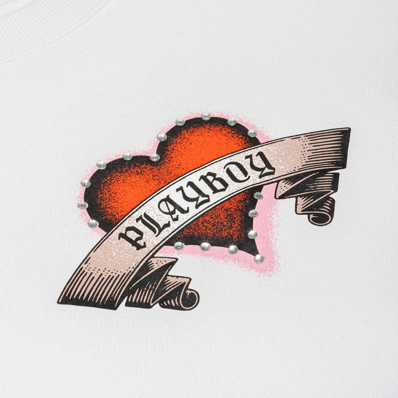 Sweat À Capuche Playboy Heartbreaker Crewneck Femme Blanche | OCGMVAN-05