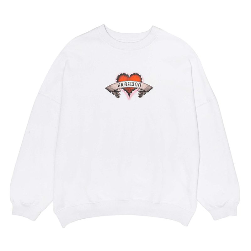 Sweat À Capuche Playboy Heartbreaker Crewneck Femme Blanche | OCGMVAN-05