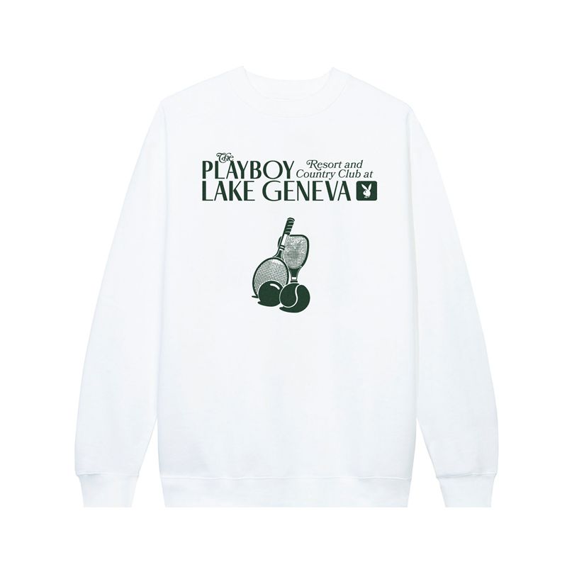 Sweat À Capuche Playboy Lake Geneva Tennis Club Crewneck Femme Blanche | TJMQGDZ-72