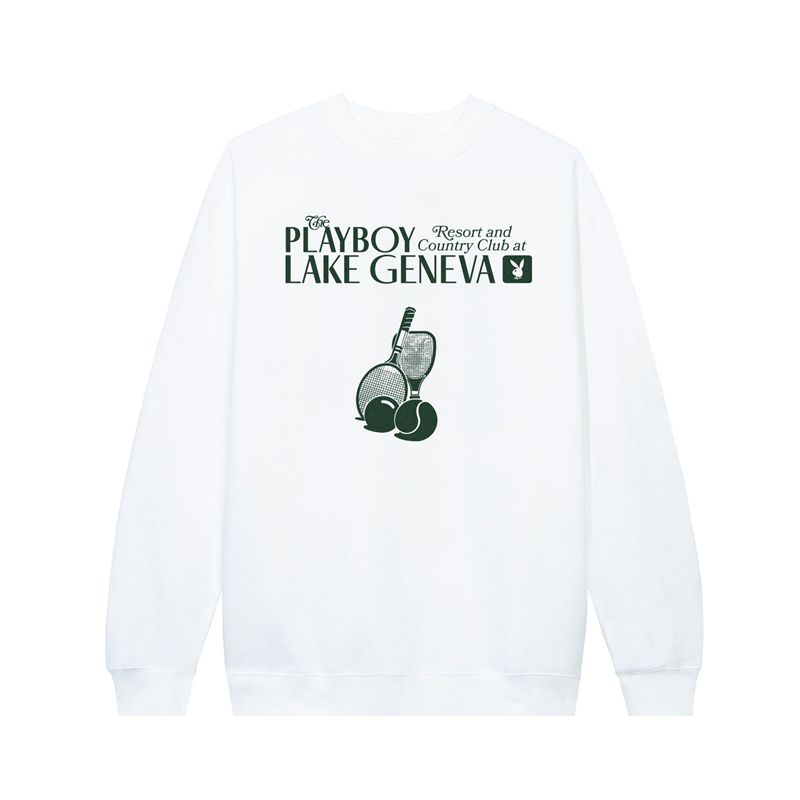 Sweat À Capuche Playboy Lake Geneva Tennis Club Crewneck Sweat Homme Blanche | ZGQFVBR-70