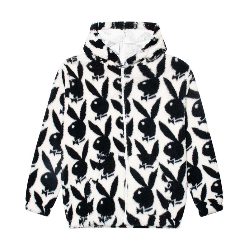 Sweat À Capuche Playboy Repeating Rabbit Head Sherpa Femme Noir Blanche | RWBODFT-07