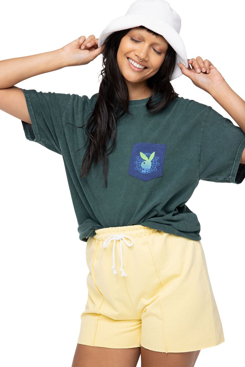 T Chemises Playboy Contrast Pocket Tee Femme Noir Vert | FJDZVGI-15