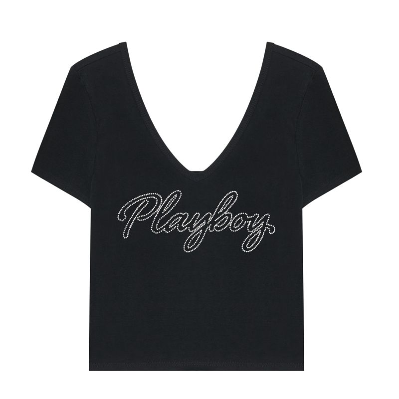 T Chemises Playboy Crystal V-Neck Femme Grise Foncé | DCWJZLK-27