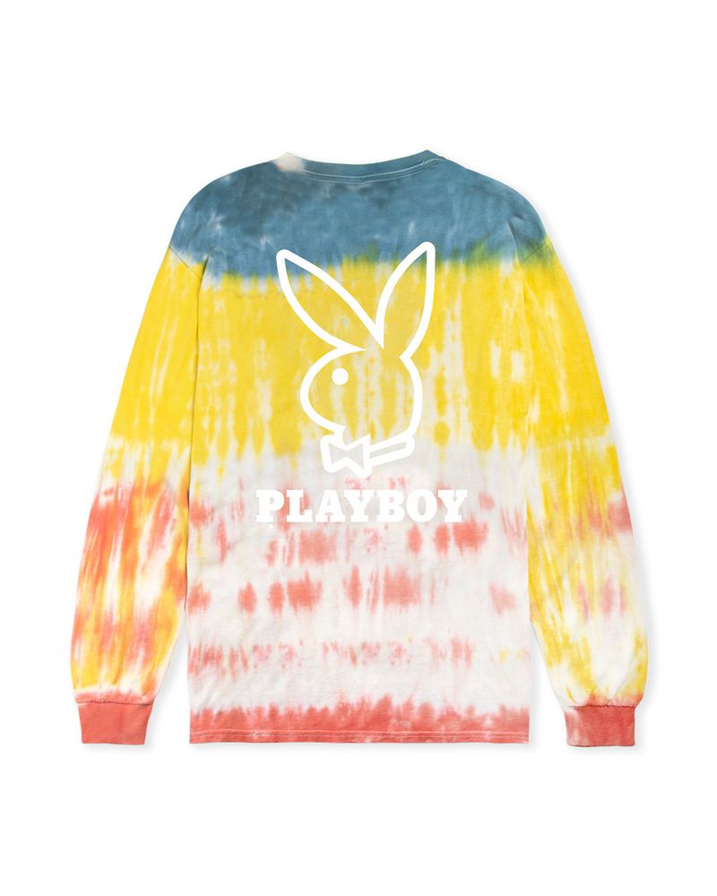 T Chemises Playboy Tie-Dye Logo Long Sleeve Femme Bleu Jaune Orange | BGCJEMA-63