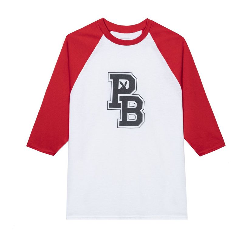 T Chemises Playboy Varsity Lettres Raglan Femme Blanche Rouge | OUJSBFX-09