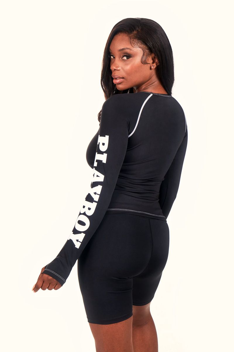 Tank Playboy Active Branded Long Sleeve Femme Noir | AVOKPSI-04