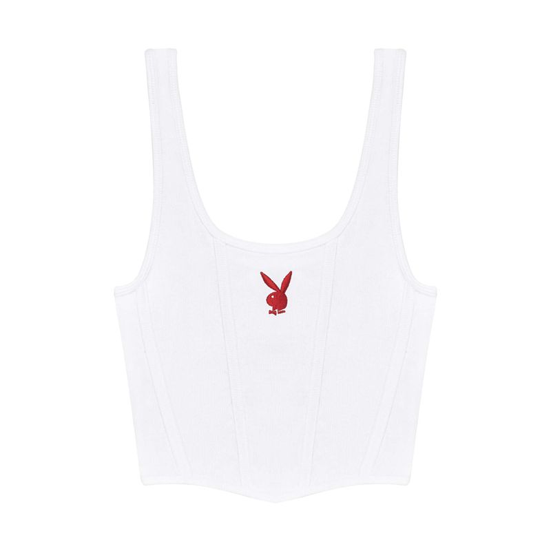 Tank Playboy White Corset Ribbed Femme Blanche | SZCALYU-52