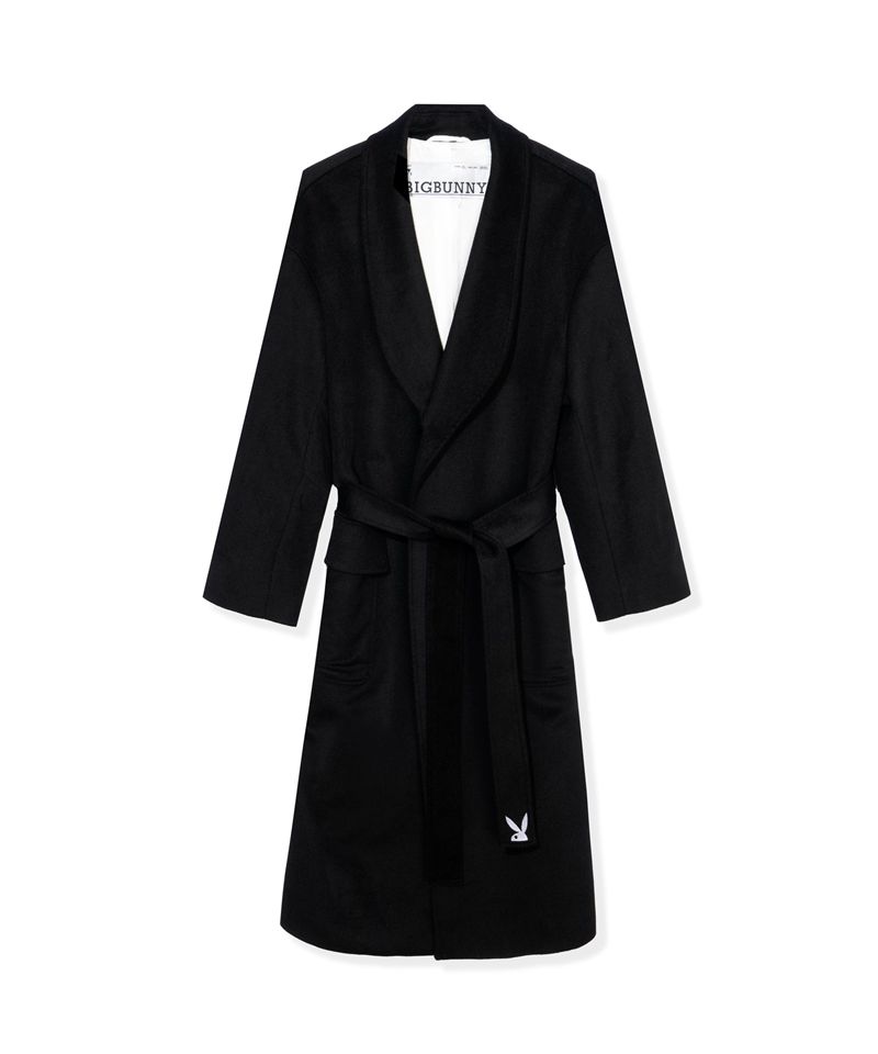 Vestes Playboy Belted Long Wool Robe Coat Femme Noir | BRYNFLQ-56