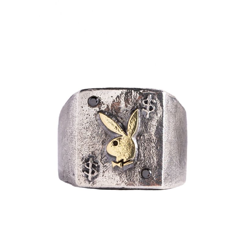 Bijoux Playboy Rabbit Head Ring With Onyx Stones Homme Metal | LIYXGFP-18