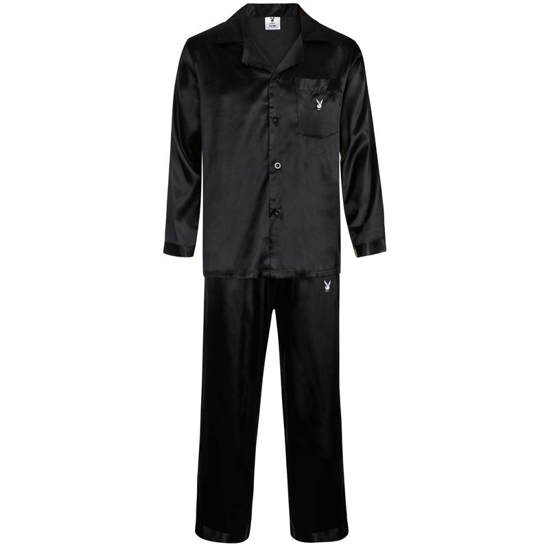 Loungewear Playboy Satin Lounge Pajama Set Femme Noir | DCPQSTO-84