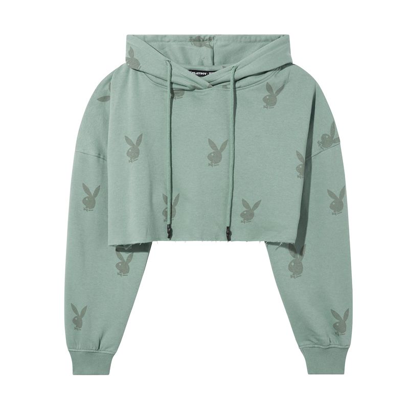 Sweat À Capuche Playboy All-Over-Print Femme Vert | KBZOWEG-84